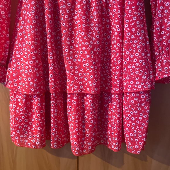 H&M Red Floral Frill Chiffon Dress S - Picture 2 of 6